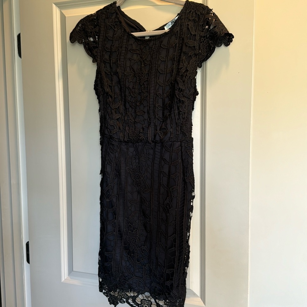 Black open back lace cocktail dress